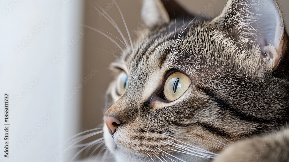 Poster close up of a curious cat with large green eyes observing its surroundings in natural light : genera