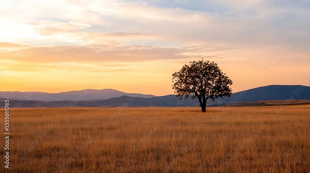 Poster solitary tree silhouette against a beautiful sunset over rolling hills and open fields : generative 