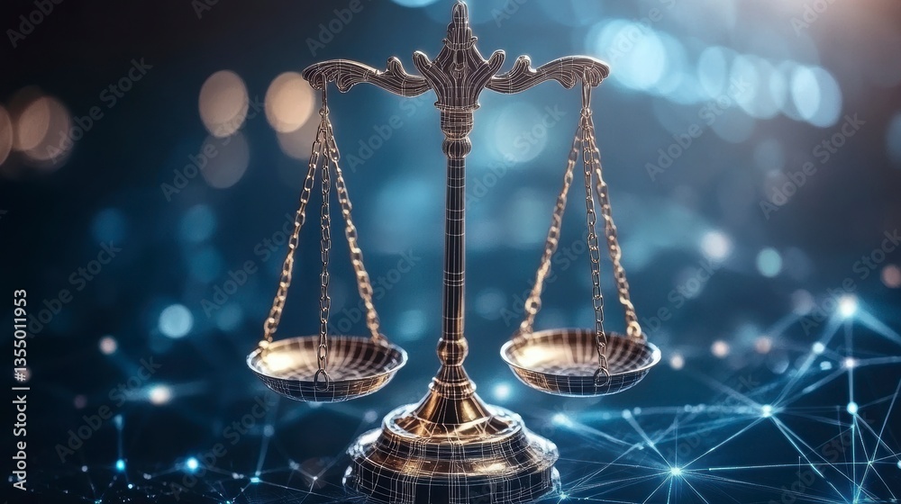 Poster scales of justice on abstract network background.