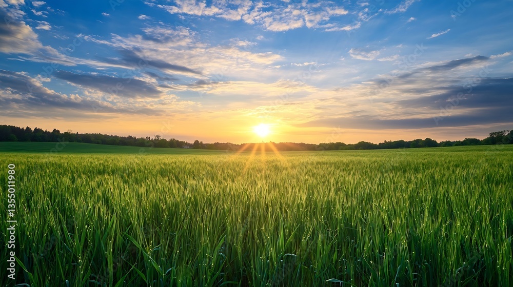 Poster vibrant sunset casting golden light over lush green fields and dynamic sky scenery : generative ai
