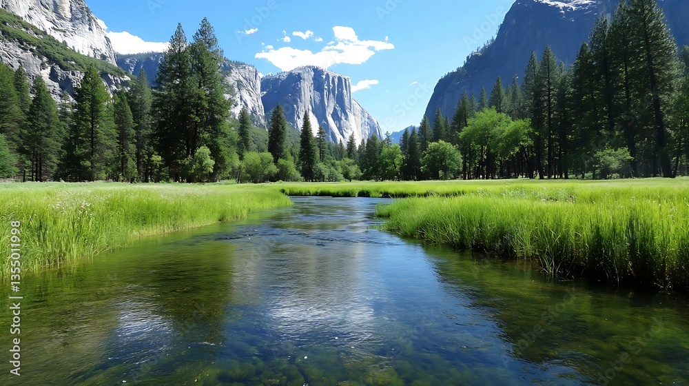 Poster breathtaking view of a serene mountain landscape with a pristine river flowing through lush greenery