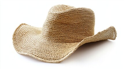 Women's straw hat isolated with a structured brim and natural woven textures, in warm beige tones, set on a clean white background for a polished look.