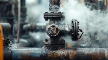 A detailed close-up of a steam-emitting industrial valve, surrounded by pipes in a factory setting. The scene highlights the rugged, metallic textures and the functional aspect of the machinery