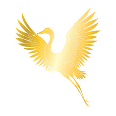 Illustration of a crane in flight on a plain white background. Crane silhouette with elegance, spread wings and golden color.