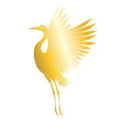 Illustration of a crane in flight on a plain white background. Crane silhouette with elegance, spread wings and golden color.