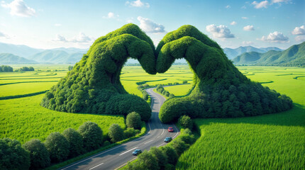 A heart made of trees and grass is in the middle of a road