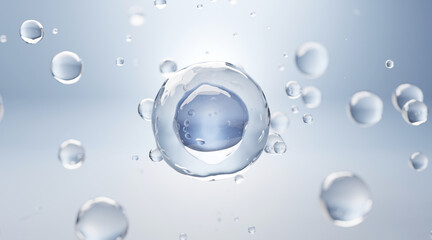 3D illustration of a transparent serum bubble with glowing inner particles on a soft blue background. Suitable for skincare, cosmetic, or medical product visuals.
