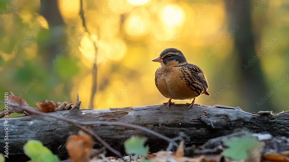 Poster cute little bird perched on a log surrounded by warm autumn light in the forest : generative ai