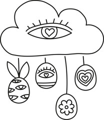 boho easter Whimsical illustration of hanging ornaments under a cloud. in doodle style