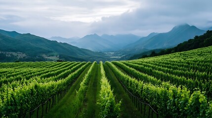 Fototapeta premium Vineyard landscape with rows of grapevines stretching through rolling hills under cloudy sky : Generative AI