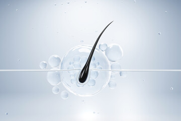 3D illustration of a black hair strand penetrating a transparent serum bubble surrounded by hydration particles on a light background, ideal for hair care and cosmetic concepts.

