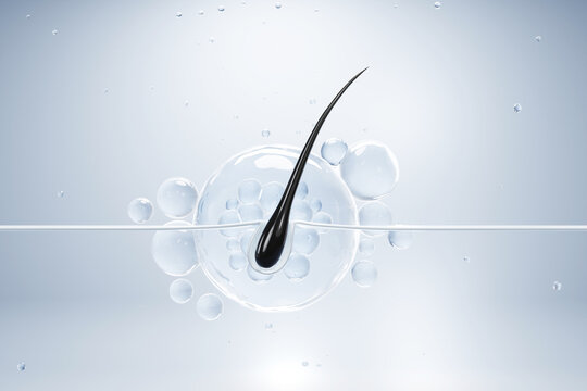 3D illustration of a black hair strand penetrating a transparent serum bubble surrounded by hydration particles on a light background, ideal for hair care and cosmetic concepts.
