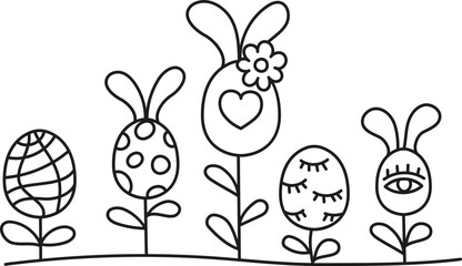 boho easter Whimsical line art of decorated eggs and flowers with bunny ears. in doodle style