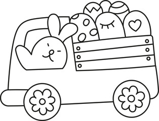 boho easter Bunny in a truck carrying colorful Easter eggs. in doodle style
