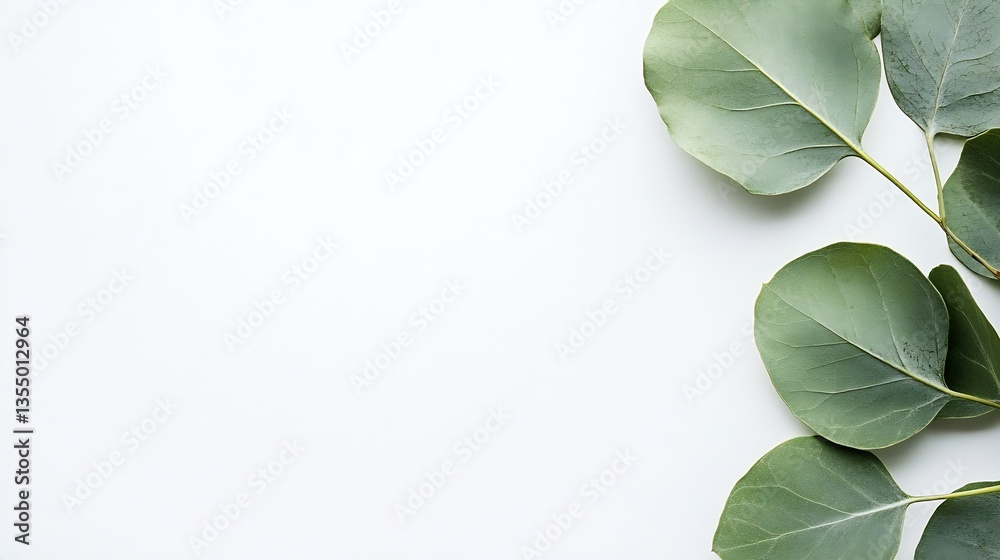 Poster fresh green eucalyptus leaves arranged on a white background representing nature and tranquility : g