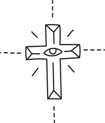 boho easter Symbolic cross with an eye, radiating light and geometric shapes. in doodle style