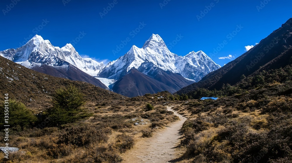 Aufkleber majestic view of towering snowcapped mountains against a clear blue sky with a winding trail in the 