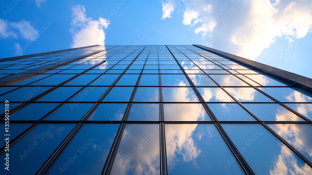 Poster Majestic skyscraper reflecting clouds and sky under soft sunlight highlighting modern architecture : Generative AI