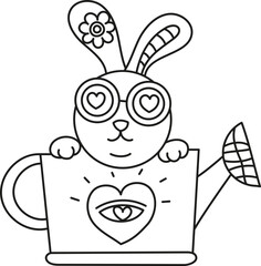 boho easter Cute bunny in glasses peeking from a watering can with heart designs. in doodle style