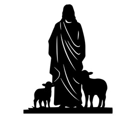 Jesus silhouette with two lambs standing black shape silhouette © Camel