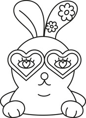 boho easter Cute bunny wearing heart-shaped glasses with flowers on its ears. in doodle style
