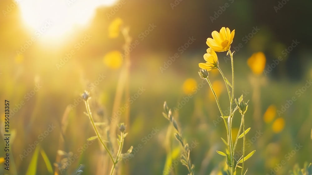 Poster golden wildflowers swaying gently in the sunlight creating a serene spring atmosphere : generative a