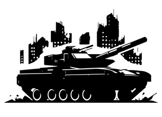 Obraz premium military tank in ruined city black and white war silhouette illustration