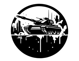 military tank in urban war zone black and white stencil illustration