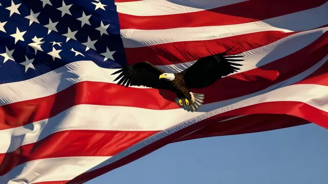 Majestic eagle soars in front of waving american flag under clear blue sky. 4k stock footage