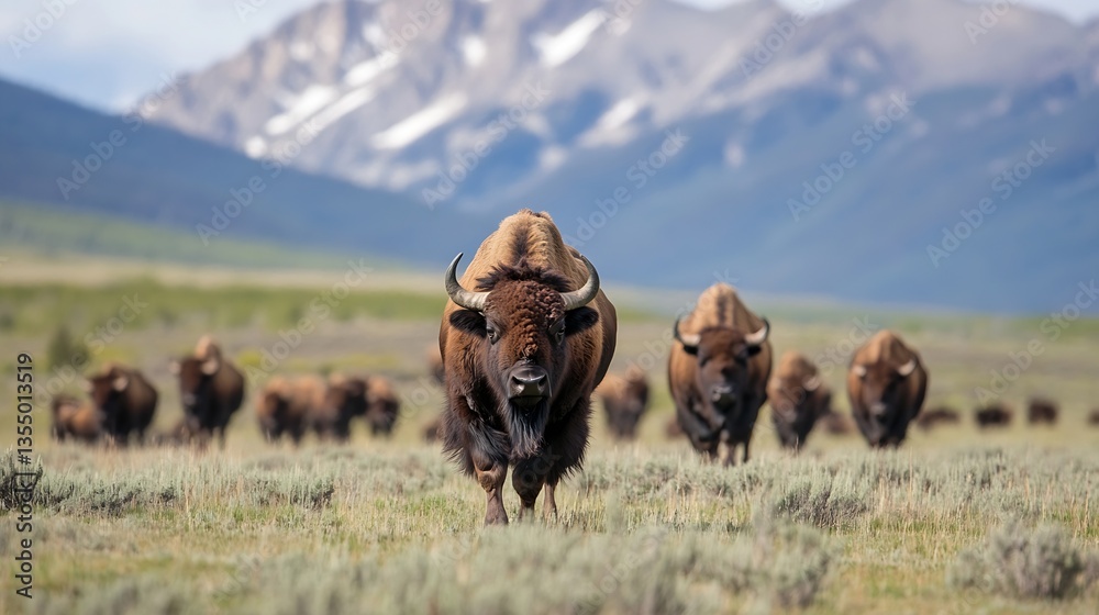 Aufkleber herd of bison walking majestically across the plains with mountains in the background showcasing wil