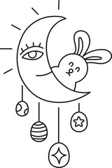 boho easter Whimsical moon and rabbit illustration with hanging ornaments. in doodle style