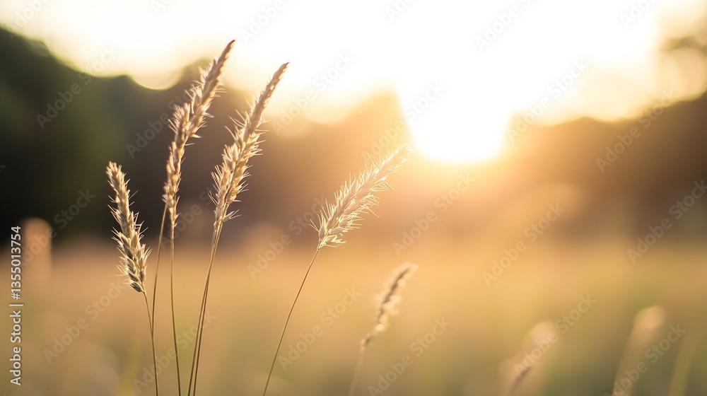 Poster golden sunlight glimmers through waving grass creating a warm and inviting atmosphere at sunset : ge
