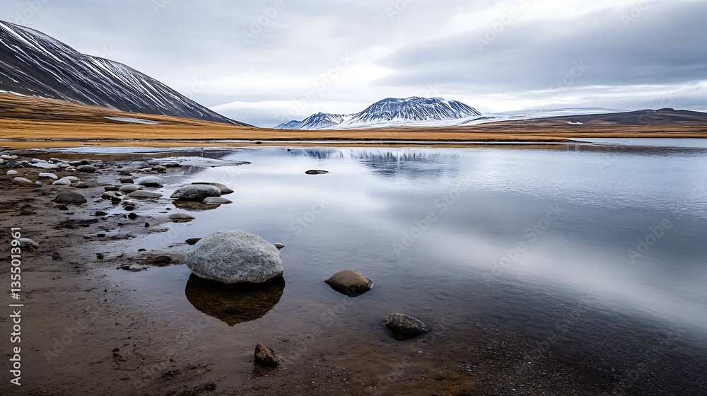 Poster still lake reflecting majestic mountains and soft clouds in a tranquil natural setting : generative 