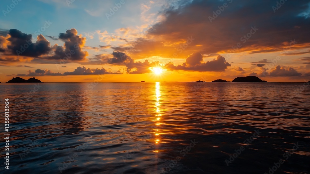 Poster stunning sunset reflecting on calm ocean waters with vibrant clouds and distant islands : generative