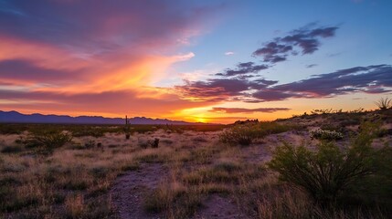 Fototapeta premium Breathtaking desert landscape at sunset highlighting vibrant colors and serene tranquility : Generative AI