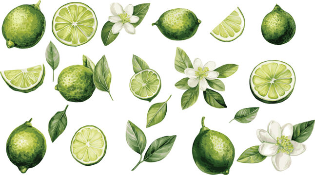 A collection watercolor vector illustrations of limes and their flowers