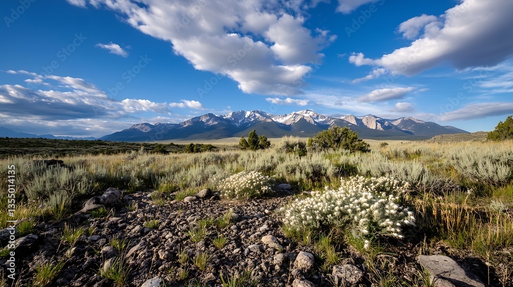 Poster stunning panoramic view of majestic mountains under a blue sky with fluffy clouds and vibrant greene