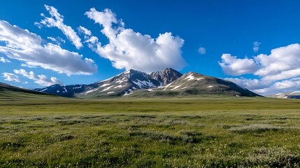 Obraz premium Majestic mountains surrounded by lush green fields under a sunny blue sky with scattered clouds : Generative AI