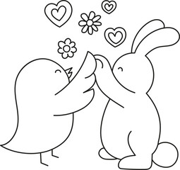boho easter Cute bird and bunny sharing a joyful moment with hearts and flowers. in doodle style