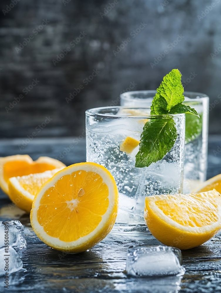 Aufkleber Refreshing summer drink with lemon slices and mint leaves garnished with ice in glasses : Generative AI