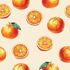 Seamless vector pattern wtih watercolor illustrated realistic oranges