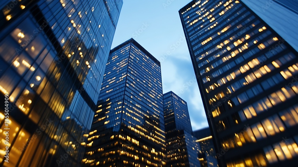 Aufkleber impressive skyline architecture with illuminated office buildings glowing beautifully against the ev