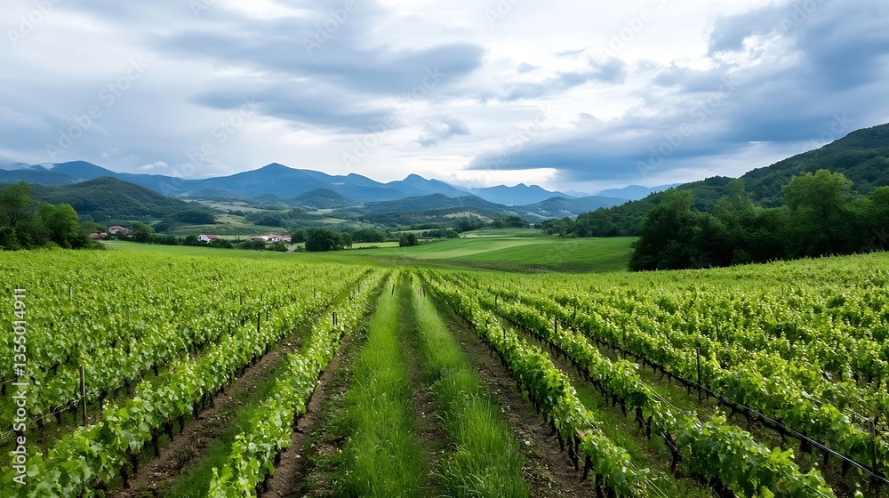 Aufkleber expansive vineyard landscape with lush green grapevines against a dramatic cloudy sky and rolling mo