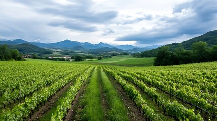 Expansive Vineyard Landscape with Lush Green Grapevines Against a Dramatic Cloudy Sky and Rolling Mountains : Generative AI