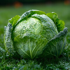 Fresh large cabbage with tightly packed leaves glistening in morning dew on green grass