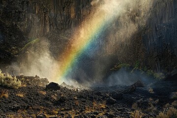 A vibrant rainbow emerges from a misty waterfall cascading down a dark, rocky cliff face.