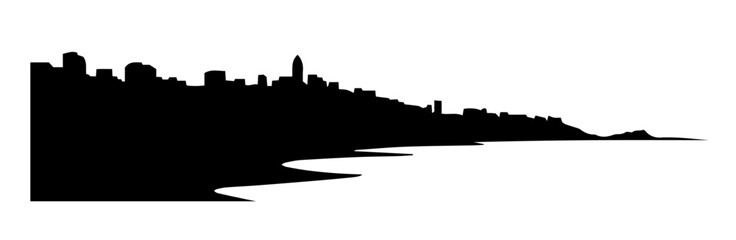 city skyline along coastal beach line black vector print shape engraving silhouette © Camel