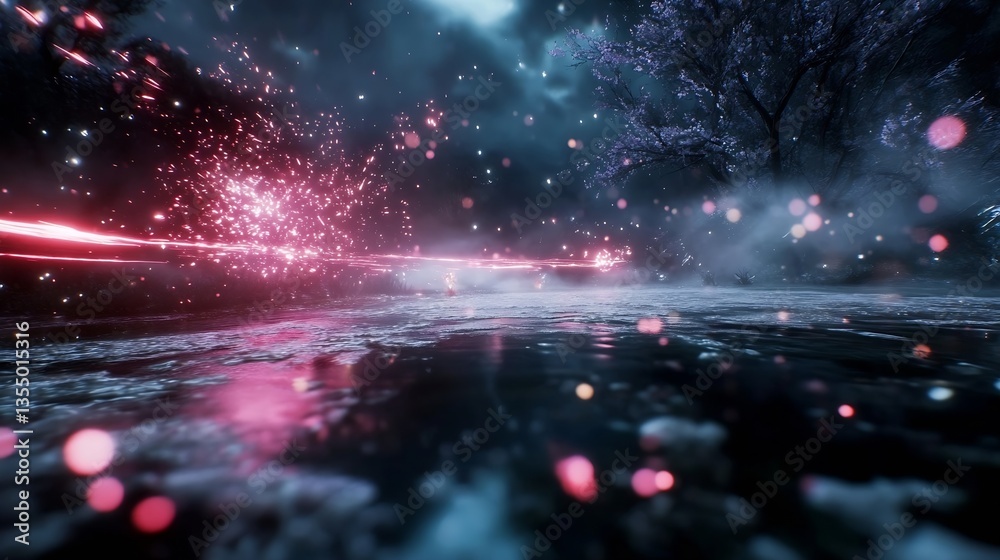 Poster Vibrant abstract light trails and sparkles over a tranquil water surface creating an enchanting atmosphere : Generative AI