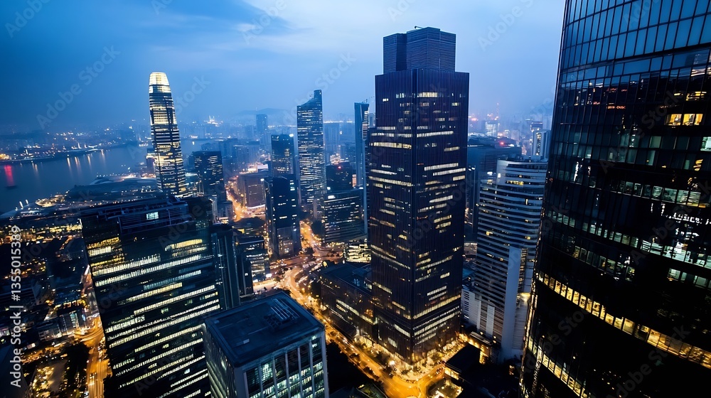 Poster aerial view of a bustling modern cityscape at night with gleaming skyscrapers and illuminated street