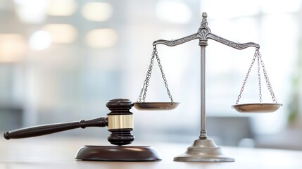 Justice scales and gavel on table in office background